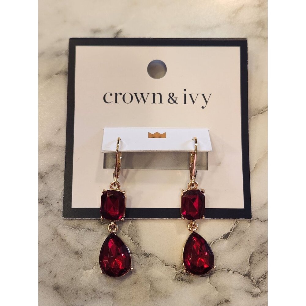 Gold-Tone Crown & Ivy Red Gem Drop Earrings For Women